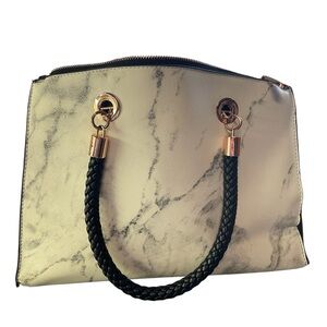 Charming Charlie Chic Marble Satchel with Black Braided Handles 13 x 10 x 4 in